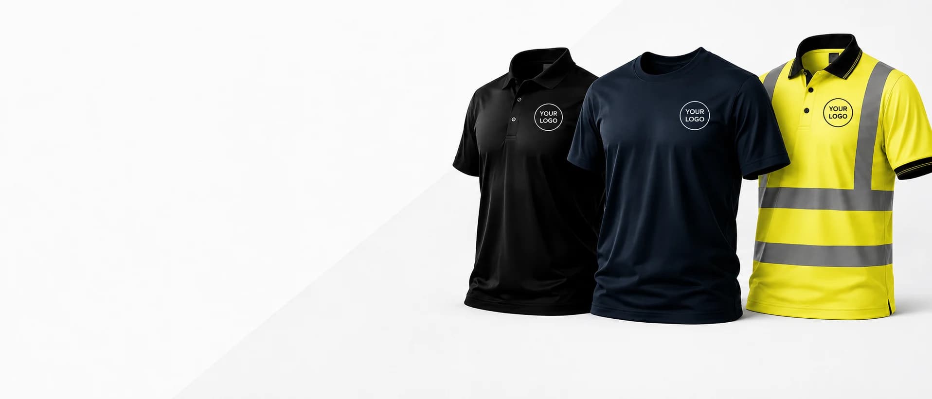 Black polo, navy t-shirt and hi-vis polo with your company logo — custom branded workwear printing in Watford
